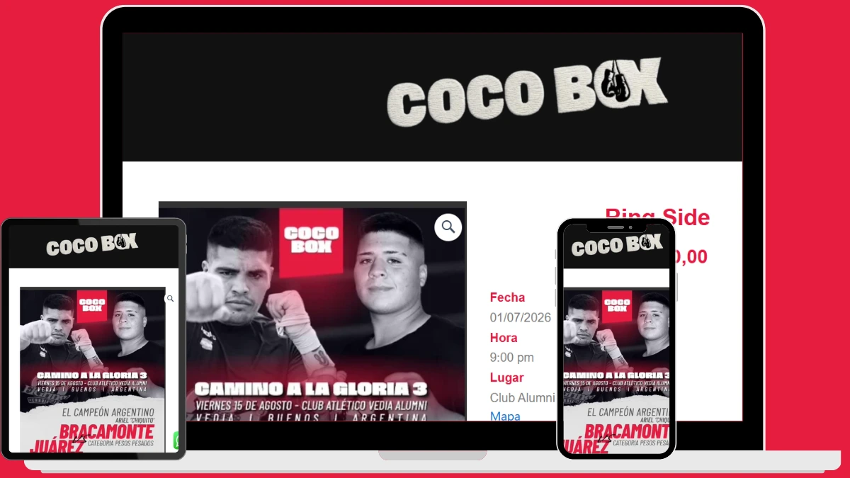 Vista del sitio web de Coco box - venta de entradas - adaptado en notebook, tablet y celular, mostrando la gestión de un negocio desde cualquier dispositivo.