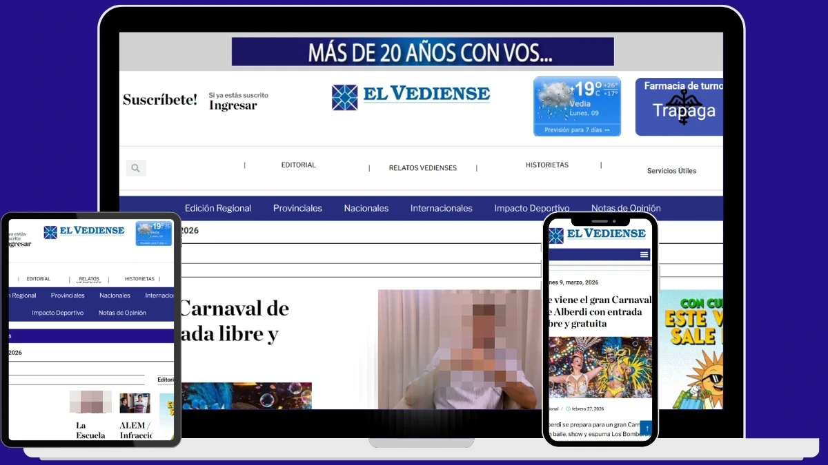 Vista del sitio web de El vediense diario de noticias - adaptado en notebook, tablet y celular, mostrando la gestión de un negocio desde cualquier dispositivo.