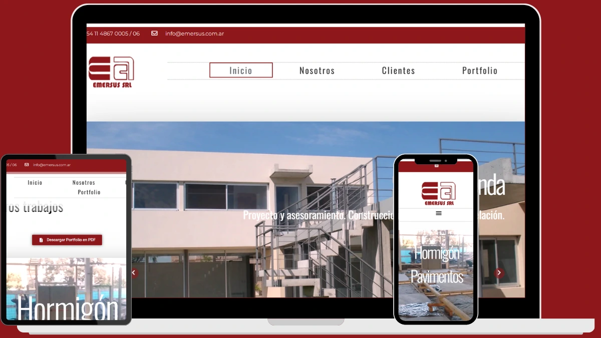 Vista del sitio web de Emersus - arquitectos - adaptado en notebook, tablet y celular, mostrando la gestión de un negocio desde cualquier dispositivo.