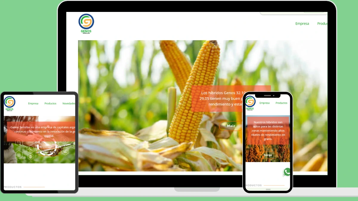 Vista del sitio web de Genos semillas - adaptado en notebook, tablet y celular, mostrando la gestión de un negocio desde cualquier dispositivo.
