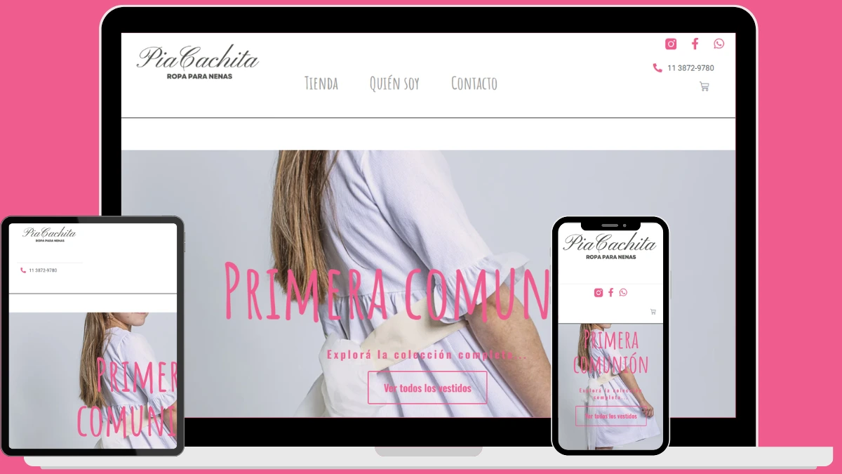 Vista del sitio web de Pia Cachita - Tienda de ropa - adaptado en notebook, tablet y celular, mostrando la gestión de un negocio desde cualquier dispositivo.