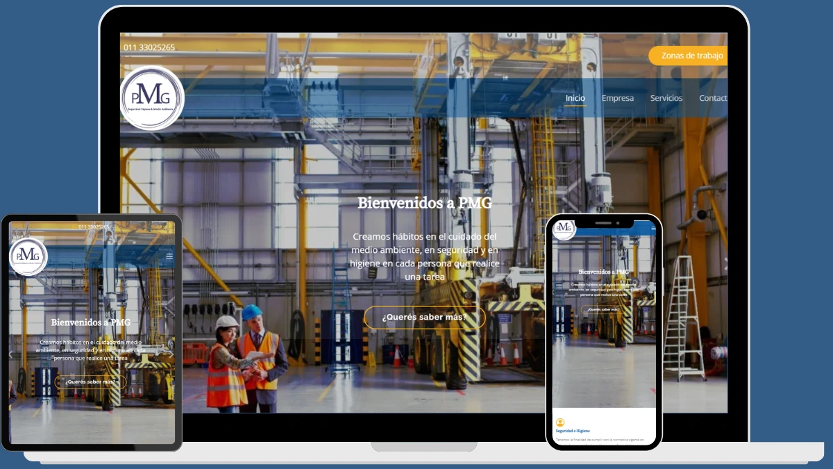 Vista del sitio web de PMG seguridad e higiene adaptado en notebook, tablet y celular, mostrando la gestión de un negocio desde cualquier dispositivo.